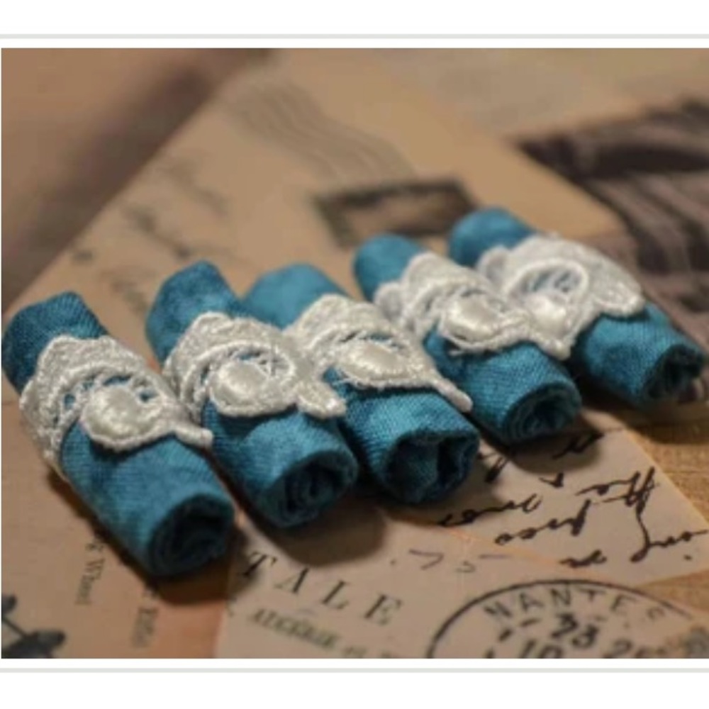 5 Handmade turquoise blue teal batik white lace wedding tube fabric beads